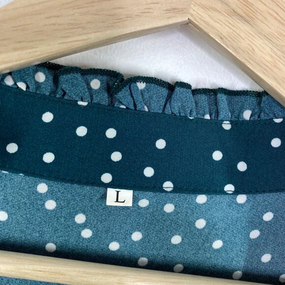 Green White Polka Dot Keyhole Mock Neck Ruffle Mini Dress Women's Size Large L - Picture 6 of 8